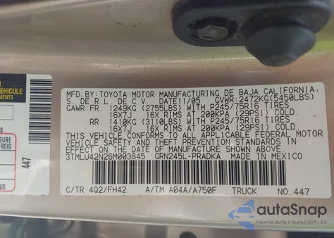 2006 Toyota Tacoma Double Cab из США, поврежденный, VIN 3TMLU42N26M003845